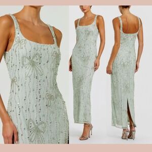 NWT MAC DUGGAL [ 8 ] 94129  Beaded Mesh Scoop Neck Fitted‎ Gown With Bows J1913